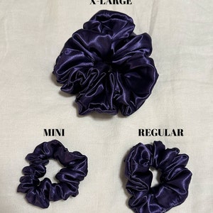 Dark Purple Blue Satin Silk Scrunchies | Three Sizes: Purple Mini Satin Scrunchie, Purple Regular Satin Scrunchie, Purple XL Satin Scrunchie