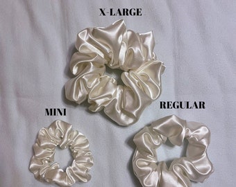 Pure White Satin Silk Scrunchies | Three Sizes: White Mini Satin Scrunchie, White Regular Satin Scrunchie, White XL Satin Scrunchie