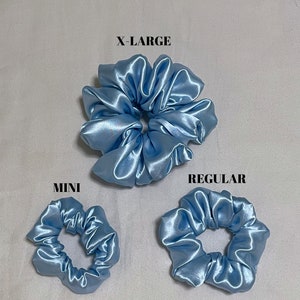 Baby Blue Satin Silk Scrunchies | Three Sizes: Light Blue Mini Satin Scrunchie, Pastel Blue Regular Satin Scrunchie, Blue XL Satin Scrunchie