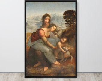 May include: A painting of three figures, two women and a child, in a landscape setting. The women are dressed in flowing robes, one in red and one in blue. The child is holding a small animal, possibly a lamb. The background features a mountain range and a tree.