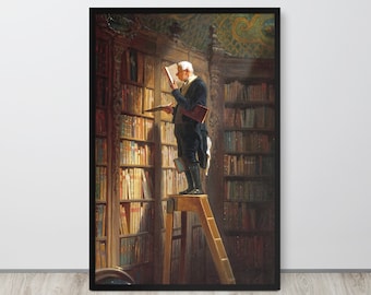 May include: Framed print depicting a man reading in a library. The man stands on a wooden ladder, surrounded by bookshelves filled with books. He wears a dark coat and holds an open book. The library is dimly lit, with a warm glow.