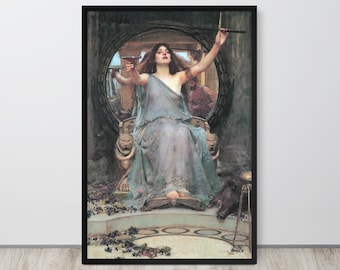 May include: A painting of a woman in a flowing blue gown, seated on a throne with a golden lion head on each armrest. She holds a goblet in one hand and a staff in the other. The background is a dark, shadowy room with a circular window.