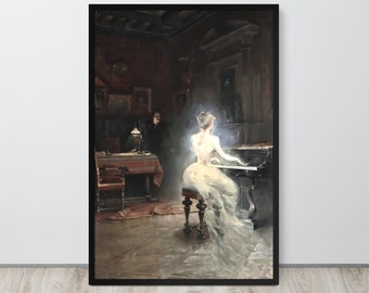 Può includere: Una donna in un abito bianco è seduta a un pianoforte in una stanza scarsamente illuminata. Un uomo in un abito scuro è seduto a un tavolo sullo sfondo. L'abito della donna è illuminato da una luce soffusa, creando un effetto spettrale.