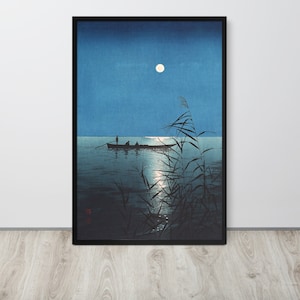 May include: A black and white woodblock print of a moonlit scene with a boat and three figures rowing on a lake. Tall reeds are in the foreground, and the moon is visible in the blue sky.