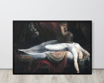 May include: A painting depicting a woman asleep in a bed, with a dark figure standing over her. The woman is wearing a white nightgown and has long dark hair. The figure is shadowy and appears to be holding a weapon. The painting is set in a dark room with a red curtain in the background.
