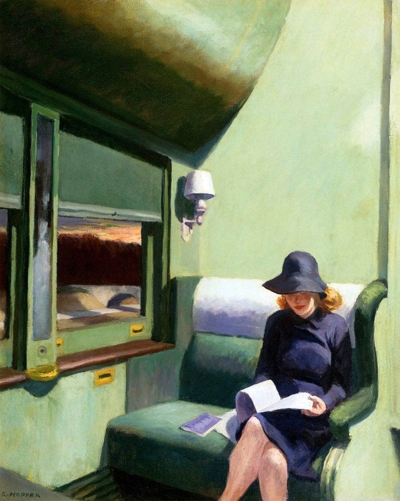 May include: A woman wearing a black hat and a dark blue dress sits on a green train seat and reads a book. The train car is painted green and has a window with a view of a sunset.