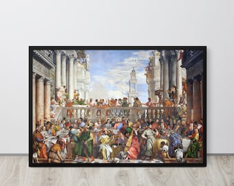 May include: A painting depicting a large gathering of people in a grand setting. The scene is filled with vibrant colors and intricate details, showcasing a lively feast with musicians and guests dressed in elaborate attire. The painting captures a moment of celebration and grandeur, with a focus on the rich textures and patterns of the clothing and the architectural elements of the background.