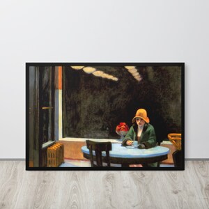 May include: A painting of a woman in a green coat and yellow hat sitting at a table with a cup of coffee. The table is blue and there is a bowl of fruit on the table. The woman is looking down at the cup of coffee. The background is dark and there is a window in the background.