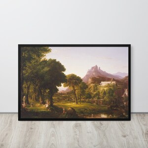 Puede incluir: Una pintura que representa un paisaje verde y exuberante con un edificio blanco en la distancia. La escena presenta un río sinuoso, árboles y montañas en el fondo. La pintura está enmarcada en negro.