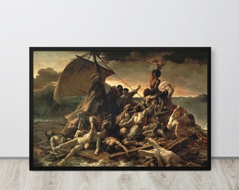 May include: A framed oil painting depicting a dramatic scene of a shipwreck. The painting shows a group of people clinging to the wreckage of a ship in a stormy sea. The figures are depicted in various states of distress, some reaching out for help, others collapsing in exhaustion. The painting is set against a dark and stormy sky, with waves crashing around the ship. The painting is framed in a black frame.