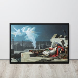 May include: A painting depicting a man sleeping on a rooftop in a city at night. A ghostly figure with flowing hair and a white dress is rising from a cloud of smoke. The city is lit by the moon and stars.