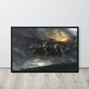 May include: A painting depicting a group of figures riding on horseback through a stormy sky. The figures are surrounded by dark clouds and a fiery sunset in the distance. The painting is framed in black.