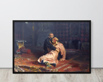 May include: A painting depicting a scene of a man in a dark robe kneeling beside a man in a light pink robe. The man in the pink robe is lying on the floor with his head resting on the other man's shoulder. The scene is set in a room with a dark, patterned rug and a chest in the background.