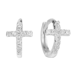 May include: A pair of silver-toned hoop earrings, each featuring a cross design. The crosses and hoops are encrusted with small, clear gemstones, creating a sparkling effect. The earrings are displayed against a white background.