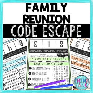 Puede incluir: Un juego de escape de código imprimible para una reunión familiar. El juego tiene cuatro tareas: mensaje de texto, criptograma, código direccional y una tarea final. El juego está diseñado para ser jugado por varias personas.