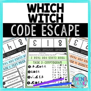 Puede incluir: Una actividad de escape room imprimible con temática de Halloween para niños. La actividad incluye cuatro tareas con pistas y un código para resolver. El título de la actividad es "Which Witch Code Escape".
