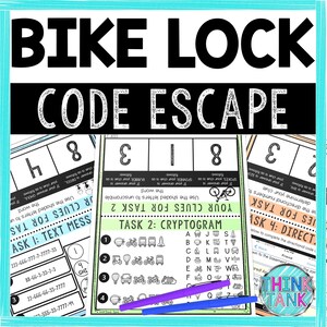 Puede incluir: Una actividad de descifrado de códigos imprimible para niños. La hoja de trabajo presenta una cerradura de bicicleta con un candado de combinación y una serie de tareas para resolver. Las tareas incluyen un mensaje de texto, un criptograma y un código direccional. La hoja de trabajo está diseñada para ayudar a los niños a desarrollar sus habilidades de resolución de problemas y su pensamiento crítico.