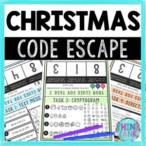 May include: A Christmas-themed code escape activity with four tasks. The first task is a text message, the second is a cryptogram, the third is a word search, and the fourth is a directional code. The tasks are printed on colourful paper with a blue and purple pen on top.