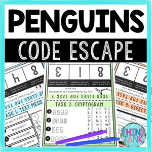 May include: A printable penguin-themed code escape activity for kids. The activity includes four tasks: text message, cryptogram, direction, and finding the clue. The tasks are designed to help kids learn about penguins and develop their problem-solving skills.