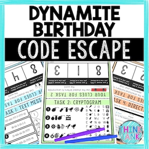 May include: A printable code escape game for a birthday party. The game features a dynamite theme and includes four tasks: Text Message, Cryptogram, Direction, and  Direct. The game is designed to be played by one person.