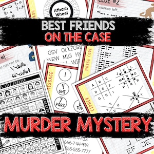 Puede incluir: Una tarjeta de título roja y negra para un juego de misterio de asesinato llamado "Mejores amigos en el caso: Misterio de asesinato". La tarjeta presenta una variedad de rompecabezas y códigos, incluyendo una rueda de cifrado, una tabla de código Morse y un decodificador de mensajes.