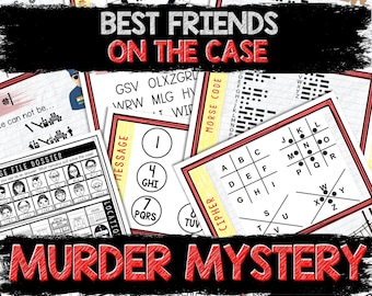 May include: A red and black title card for a murder mystery game called "Best Friends on the Case: Murder Mystery". The card features a variety of puzzles and codes, including a cipher wheel, a Morse code chart, and a message decoder.