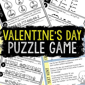 May include: A Valentine's Day puzzle game with a black and yellow title card that says "Valentine's Day Puzzle Game". The game includes a text decoder, a number puzzle, and a word puzzle. The game is designed to be fun and educational for children.