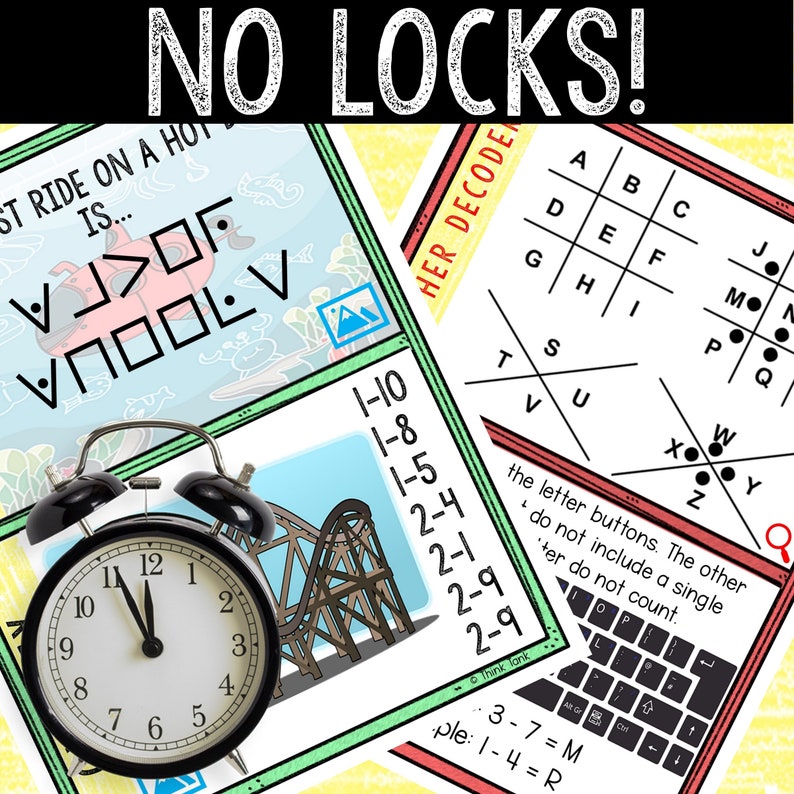 K&ouml;nnte beinhalten: Ein buntes, druckbares Aktivit&auml;tsblatt mit einem Code-Knack-Puzzle. Das Puzzle enth&auml;lt ein Gitter mit Buchstaben und Zahlen sowie eine Reihe von Anweisungen. Der Text auf dem Blatt lautet "HER DECODE" und "NO LOCKS!"