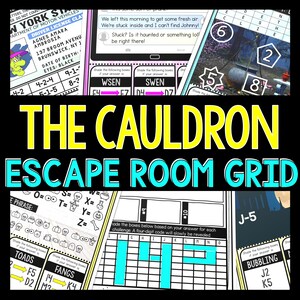 May include: A printable escape room grid game with a cauldron theme. The game includes a grid with numbers and letters, a driving licence, and a text bubble with a message about being stuck inside a haunted house. The game is designed for kids and adults.