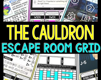 May include: A printable escape room grid game with a cauldron theme. The game includes a grid with numbers and letters, a driver's license, and a text bubble with a message about being stuck inside a haunted house. The game is designed for kids and adults.