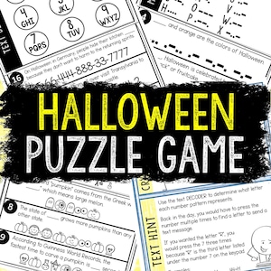 May include: A black and yellow Halloween puzzle game with a text decoder. The game includes a number pad, a text hint, and a series of puzzles to solve. The text on the game says "Halloween Puzzle Game".