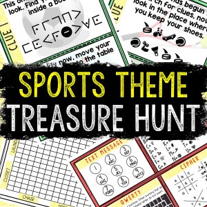 May include: A printable sports-themed treasure hunt game with a grid, a text message cipher, and a letter cipher. The game includes a football, a tennis racket, a badminton racket, a hockey puck, and a basketball.