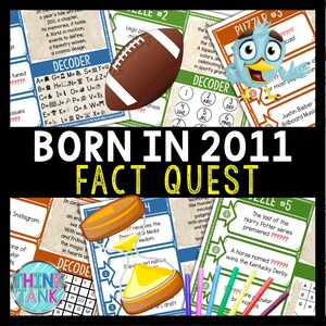 May include: A colorful game board with the text "BORN IN 2011 FACT QUEST" and various puzzle cards. Includes a football, a cartoon bird, and a decoder. Pens and a Think Tank logo are also visible.