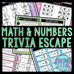 Puede incluir: Un juego de escape imprimible colorido para niños con preguntas de matemáticas y números. El juego incluye un decodificador, un banco de respuestas y tarjetas de desafío. El título del juego es "Math & Numbers Trivia Escape".