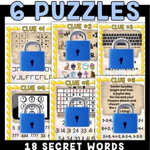 May include: Six colorful puzzle cards with a padlock on each card. Each card has a different clue to help solve the puzzle. The clues include a letter grid, a number grid, a keyboard, and a word puzzle. The text on the cards reads "6 Puzzles" and "18 Secret Words".