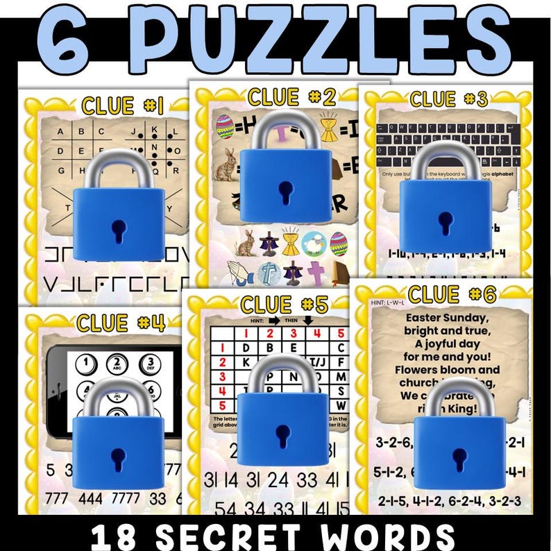 May include: Six colorful puzzle cards with a padlock on each card. Each card has a different clue to help solve the puzzle. The clues include a letter grid, a number grid, a keyboard, and a word puzzle. The text on the cards reads "6 Puzzles" and "18 Secret Words".