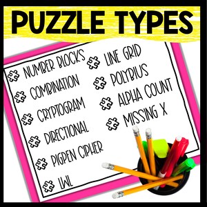 May include: A pink and white sheet of paper with the title "Puzzle Types" written in black. The paper lists different types of puzzles, including "Number Blocks", "Line Grid", "Combination", "Polybius", "Cryptogram", "Alpha Count", "Directional", "Missing X", and "Pigpen Cipher".