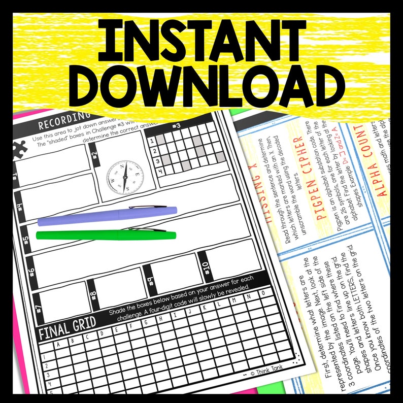 May include: A printable worksheet for a code-breaking activity. The worksheet features a grid with letters and numbers, a compass, and instructions for a "Pigpen Cipher" code. The text "HISSING X" and "FINAL GRID" are also visible.