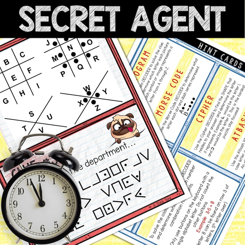 May include: A printable activity sheet for kids featuring a secret agent theme. The sheet includes a code-breaking puzzle, a word search, and a clock with a time clue. The sheet also includes a pug illustration and the text "Secret Agent".