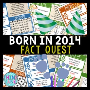 May include: A green and white party hat with the text "BORN IN 2014 FACT QUEST" in black and white text. The image also includes a decoder chart with letters and symbols.