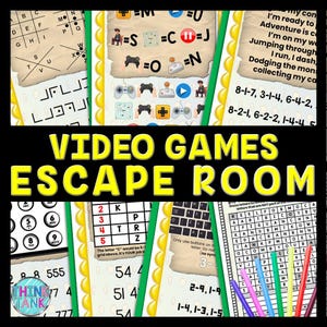 May include: A colorful printable escape room game themed around video games. The game includes a variety of puzzles and challenges, such as a word search, a code-breaking puzzle, and a logic puzzle. The game is designed for players of all ages and skill levels.