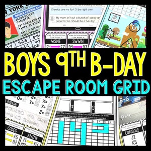 Boys 9th Birthday Party Escape Room GRID for Kids, Printable Party Game, Scavenger Hunt, Puzzles, Family Games, Classroom Party, for Boys