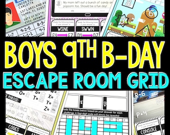 Boys 9th Birthday Party Escape Room GRID for Kids, Printable Party Game, Scavenger Hunt, Puzzles, Family Games, Classroom Party, for Boys