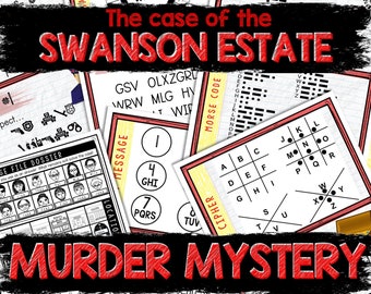 May include: A red and black title card for a murder mystery game called "The Case of the Swanson Estate". The title card features a variety of codes and ciphers, including a Morse code chart, an Atbash wheel, and a cipher wheel.