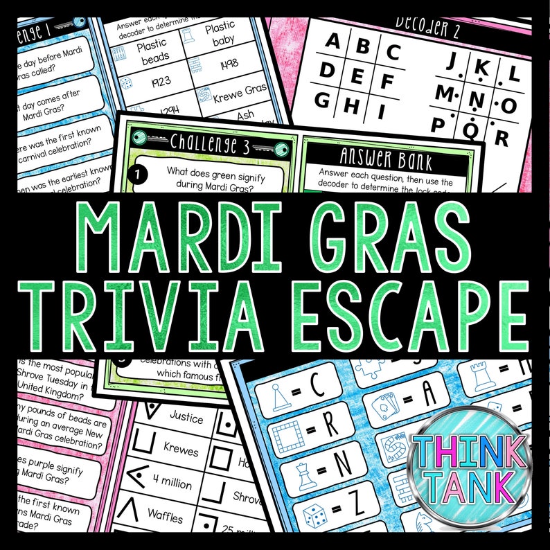 May include: A Mardi Gras trivia escape game with a green and black title. The game includes a decoder, answer bank, and trivia questions. The game is designed to be played by children. The game includes images of beads, a baby, a krewe, and ash. The game also includes a decoder with letters and numbers. The game is designed to be fun and educational.
