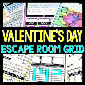 Puede incluir: Actividad imprimible de Escape Room de San Valentín con fondo negro y texto colorido. La cuadrícula tiene una serie de desafíos con un código de cuatro dígitos que se revelará. La cuadrícula está rodeada de imágenes y texto con temática de San Valentín.