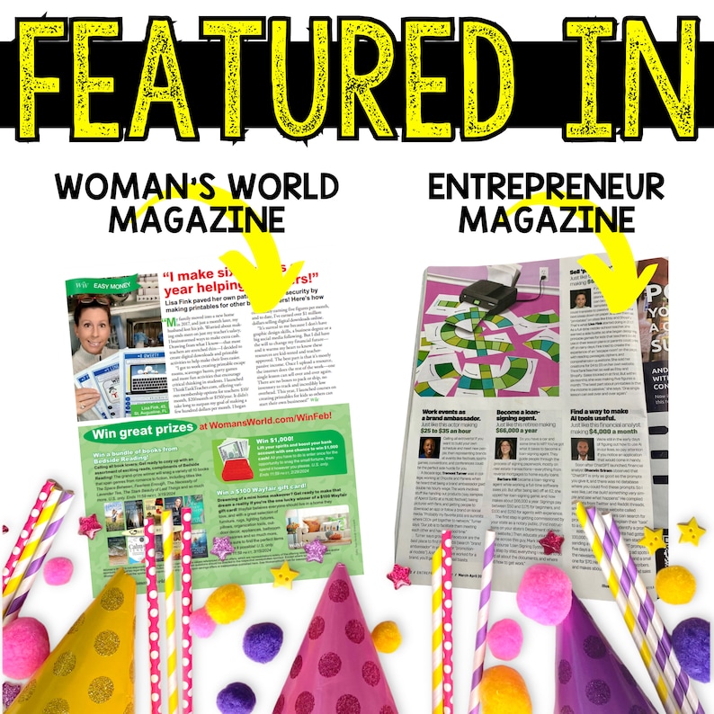 Puede incluir: Un collage de dos p&aacute;ginas de revistas que presentan art&iacute;culos sobre el mundo de la mujer y la revista Entrepreneur. La p&aacute;gina de la revista Woman's World presenta a una mujer con una m&aacute;quina de escribir y el texto "Gano seis cifras al a&ntilde;o ayudando a otros". La p&aacute;gina de la revista Entrepreneur presenta un juego de mesa con el texto "Trabaja como embajador de marca. De 20 a 30 euros por hora".