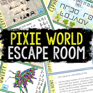 Puede incluir: Una ilustración colorida de una hada con una varita mágica, rodeada de un patrón geométrico de triángulos. El texto "PIXIE WORLD ESCAPE ROOM" está escrito en letras grandes y amarillas sobre un fondo negro. El texto "L-W-L HINT" está escrito en letras blancas sobre un fondo negro. El texto "L-W-L stands for LINE-WORD-LETTER." está escrito en letras negras sobre un fondo blanco. El texto "Utilice los números de 3 dígitos para determinar primero la LÍNEA donde se encuentra su respuesta. El segundo número determina la PALABRA que debe usar. El tercer número determina la LETRA que debe usar. (las comas, los puntos, etc. NO cuentan como letras)" está escrito en letras negras sobre un fondo blanco.