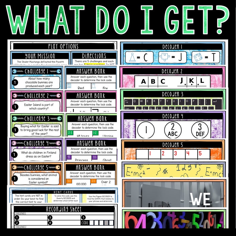 May include: A colorful printable educational game for kids with the title "What Do I Get?"  The game includes five challenges with answer banks, decoders, and a recording sheet.  The game is designed to help children learn about Easter traditions.
