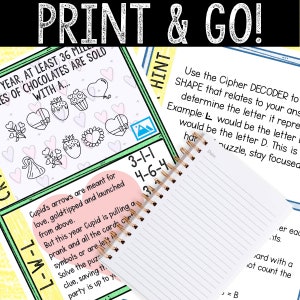 May include: A printable Valentine's Day activity for children. The activity includes a cipher decoder, a list of symbols, and a riddle. The riddle says "Cupid's arrows are meant for love, gold-tipped and launched from above. But this year Cupid is pulling a prank and all the cards are left with a clue, saving the party is up to you."